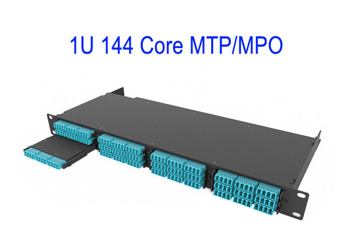 1U 144 كور الألياف البصرية MTP MPO تصحيح الحبل OM4 12 كور صناديق أرجواني منخفض الخسارة 0.3dB